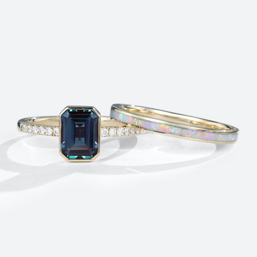 Emerald Cut Alexandrite Rings Set with Opal Simple Wedding Band