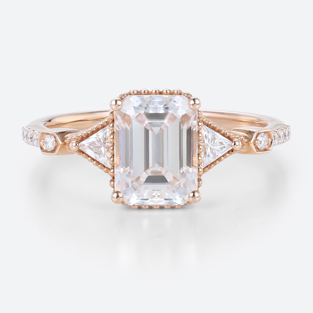 Rose Gold Vintage Emerald Cut Engagement Rings 2 Carat Lab Diamond