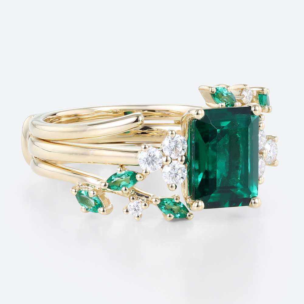 Emerald Cut Emerald Ring Gold Engagement Wedding Ring Sets