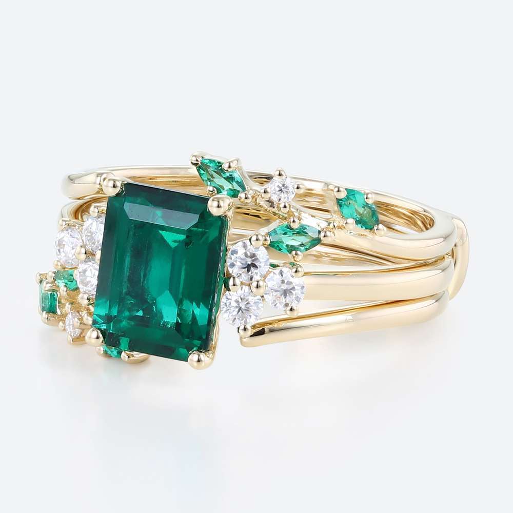 Emerald Cut Emerald Ring Gold Engagement Wedding Ring Sets