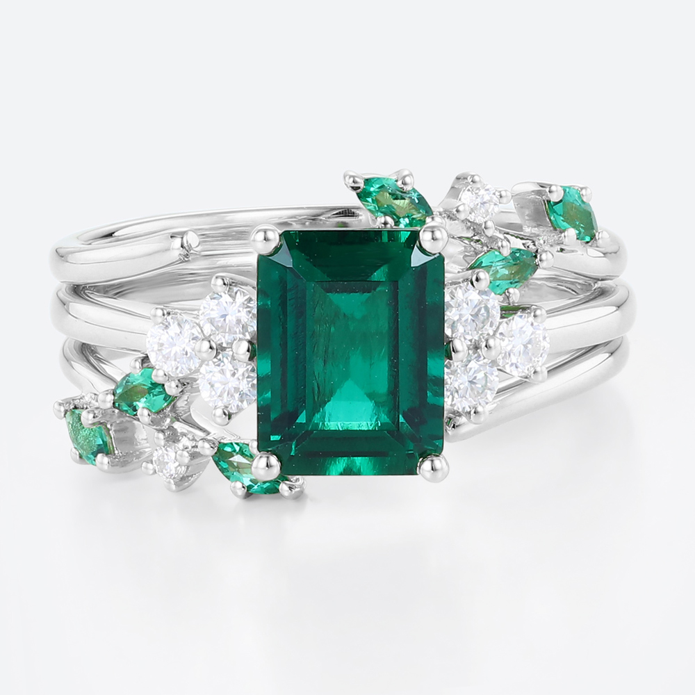 Emerald Cut Emerald Ring Gold Engagement Wedding Ring Sets