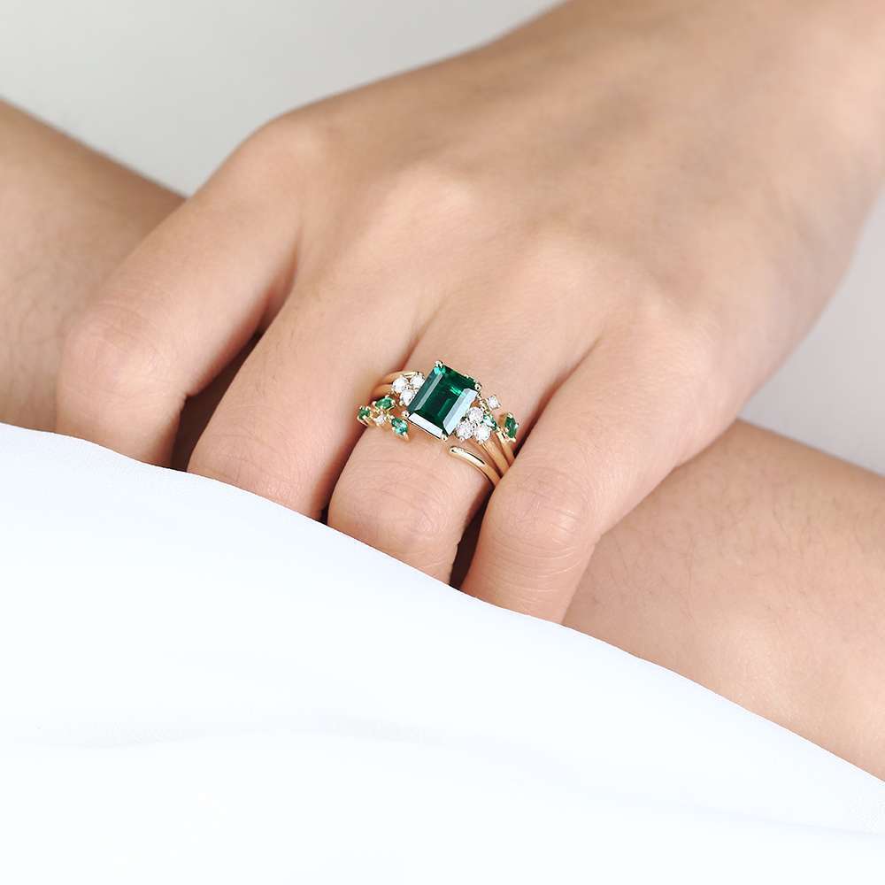 Emerald Cut Emerald Ring Gold Engagement Wedding Ring Sets