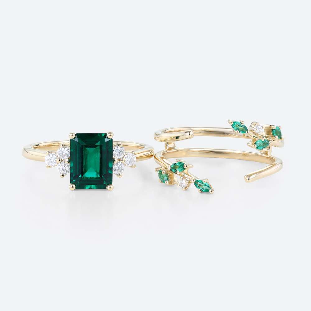 Emerald Cut Emerald Ring Gold Engagement Wedding Ring Sets