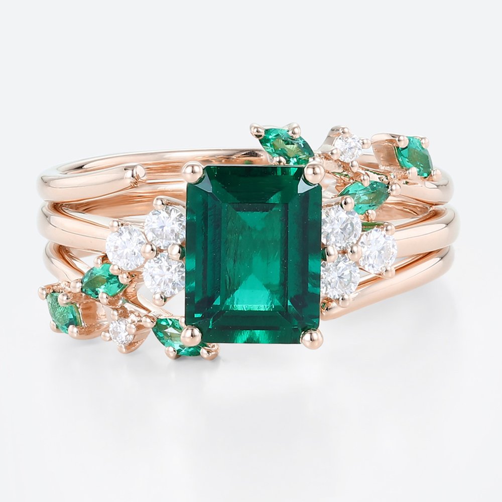 Emerald Cut Emerald Ring Gold Engagement Wedding Ring Sets
