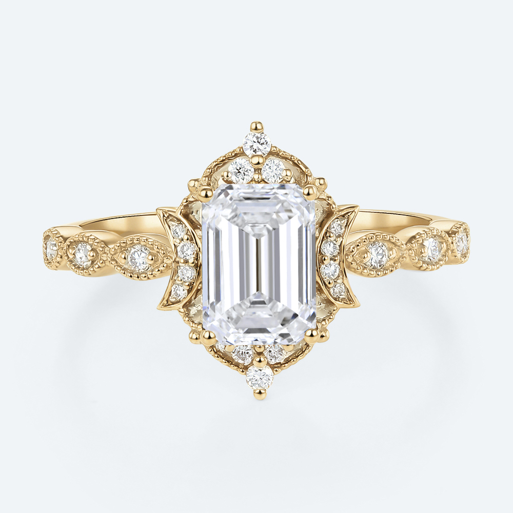 Vintage Emerald Cut Lab Diamond Engagement Ring with Milgrain Band