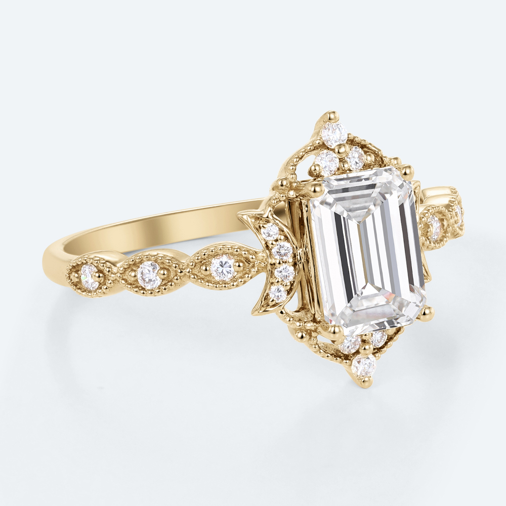 Vintage Emerald Cut Lab Diamond Engagement Ring with Milgrain Band