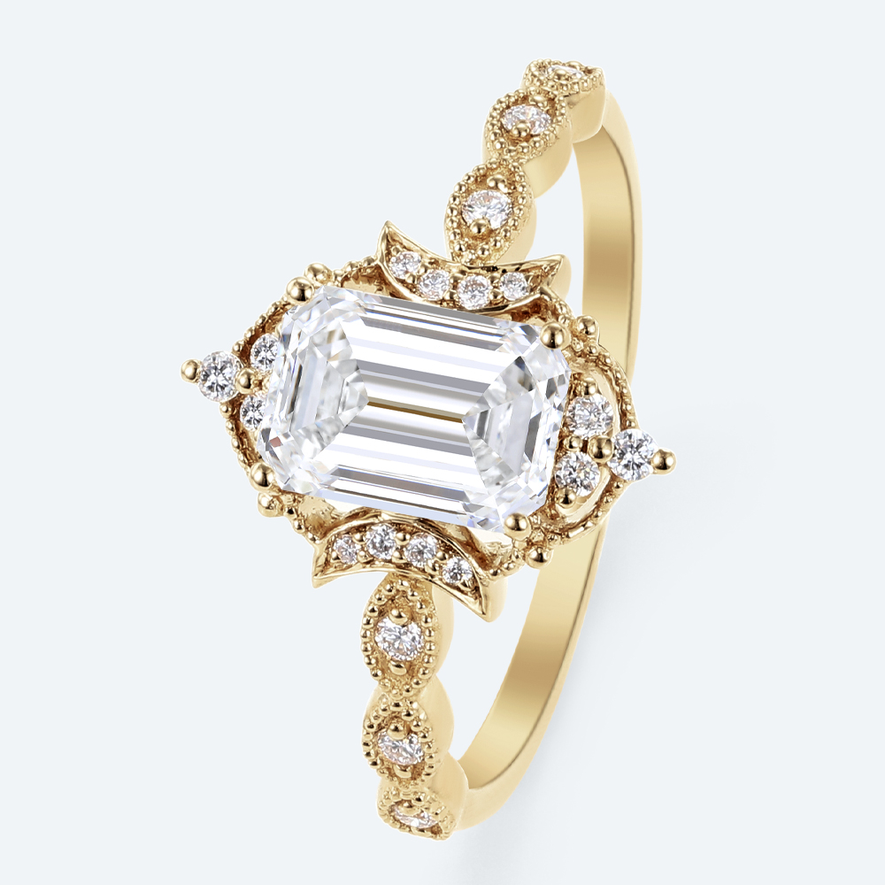 Vintage Emerald Cut Lab Diamond Engagement Ring with Milgrain Band
