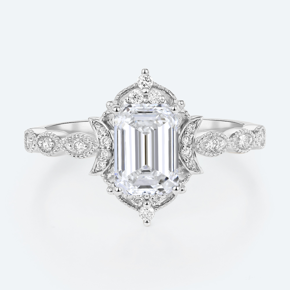 Vintage Emerald Cut Lab Diamond Engagement Ring with Milgrain Band