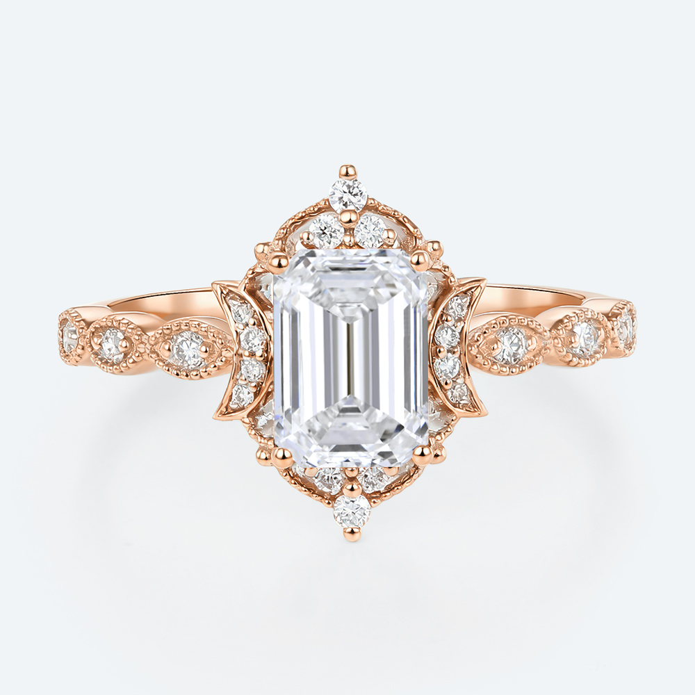 Vintage Emerald Cut Lab Diamond Engagement Ring with Milgrain Band
