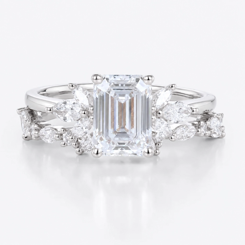 1.5ct Emerald Cut Lab Grown Diamond Marquise Cluster Bridal Ring Set in Rose Gold