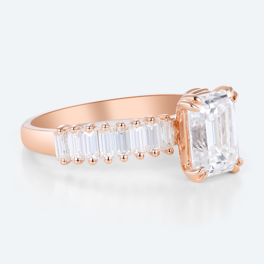 Emerald Cut Lab Grown Diamond Modern Architectural Double Claw Engagement Ring Wide Band (3)