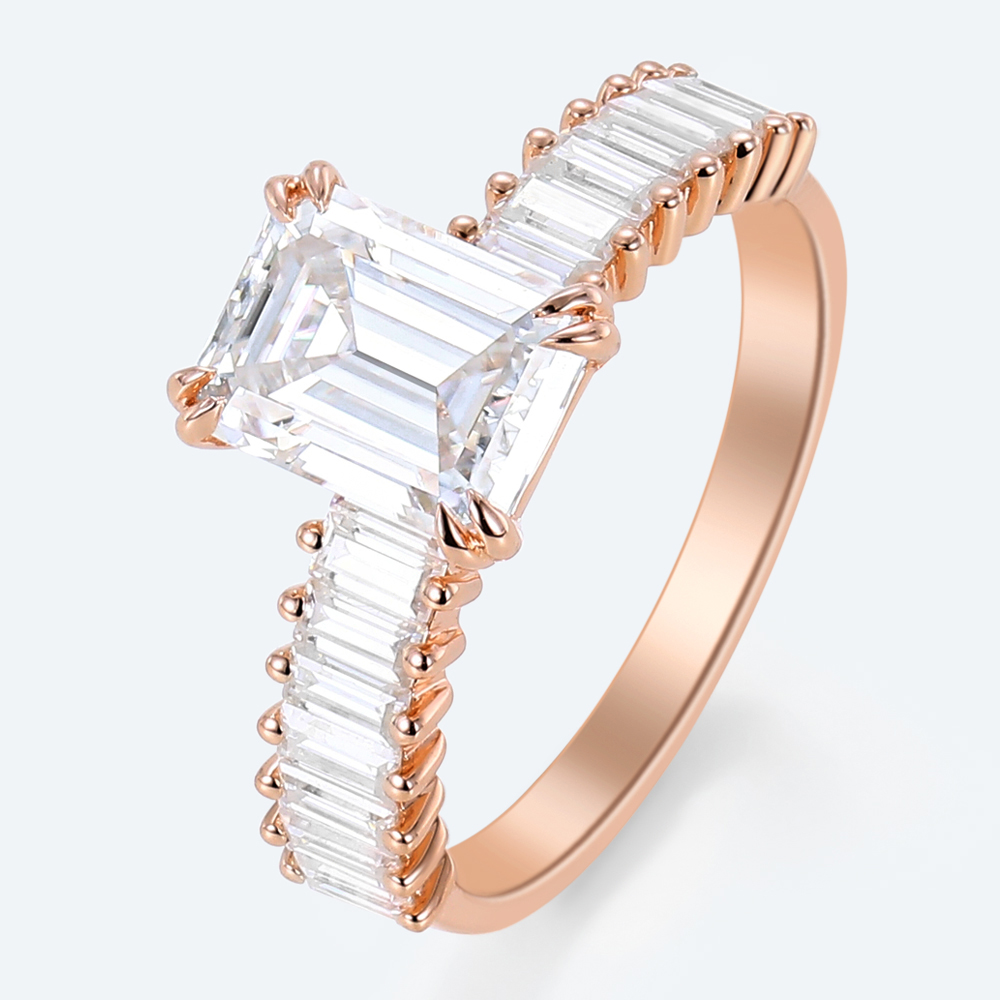 Emerald Cut Lab Grown Diamond Modern Architectural Double Claw Engagement Ring Wide Band (3)