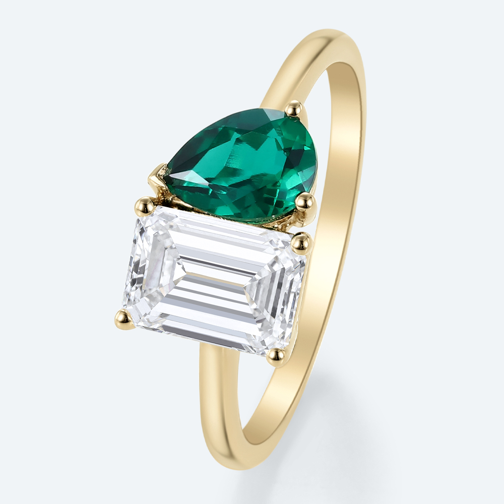Emerald & Lab Diamond Ring Toi Et Moi​ Simple Engagement Ring