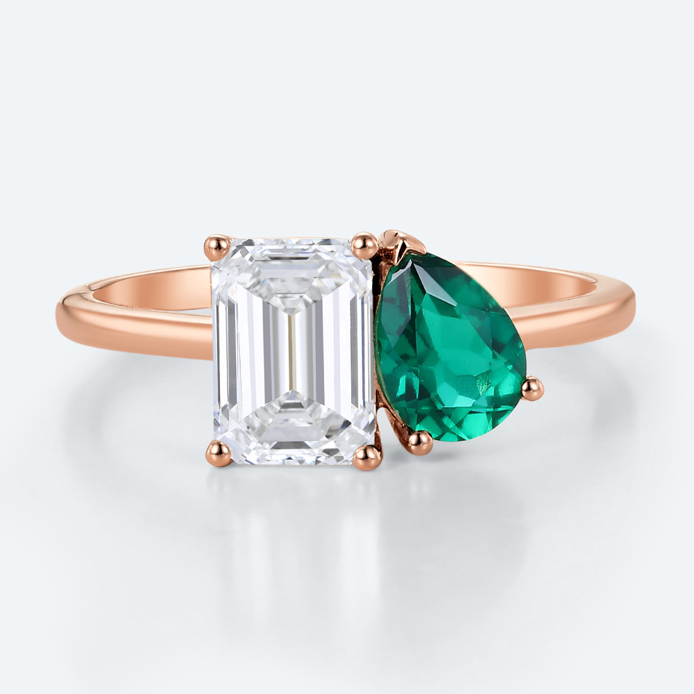Emerald & Lab Diamond Ring Toi Et Moi​ Simple Engagement Ring