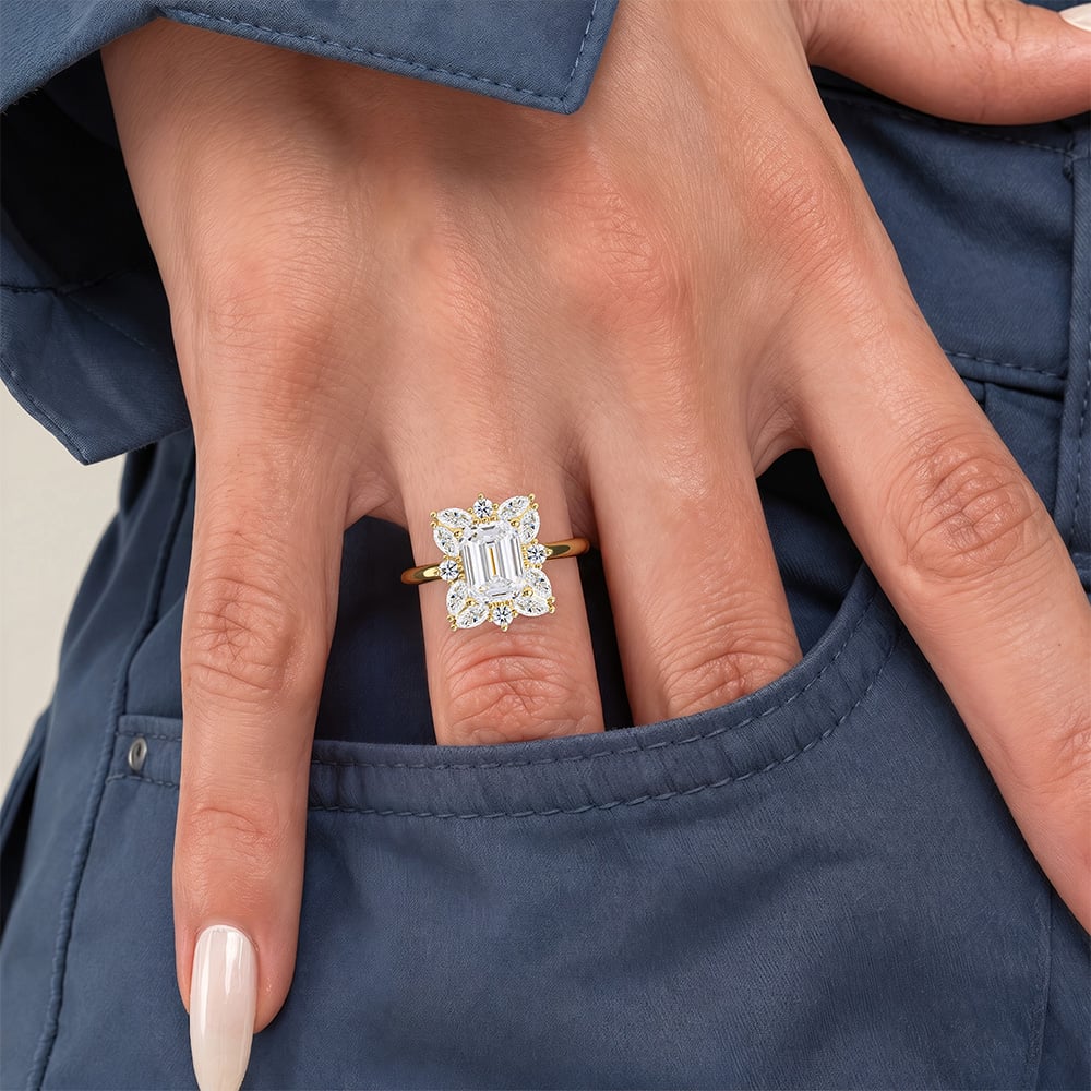 Emerald Cut Lab Grown Diamond Vintage Cluster 4-Prong Engagement Ring in Rose Gold (1)