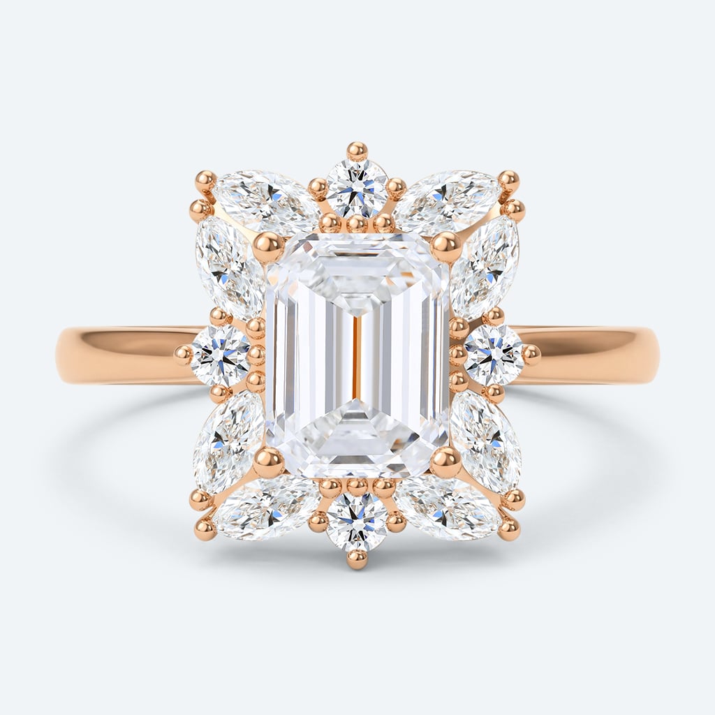 Emerald Cut Lab Grown Diamond Vintage Cluster 4-Prong Engagement Ring in Rose Gold (1)