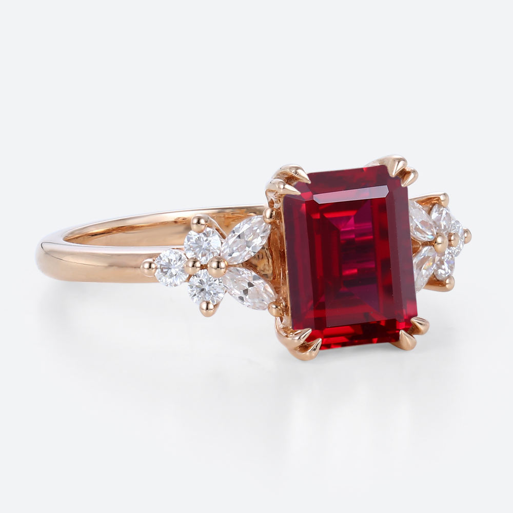 Emerald Cut Lab Ruby Cluster Engagement Ring Floral Inspired Bridal Ring in Rose Gold
