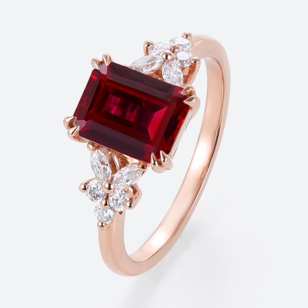 Emerald Cut Lab Ruby Cluster Engagement Ring Floral Inspired Bridal Ring in Rose Gold