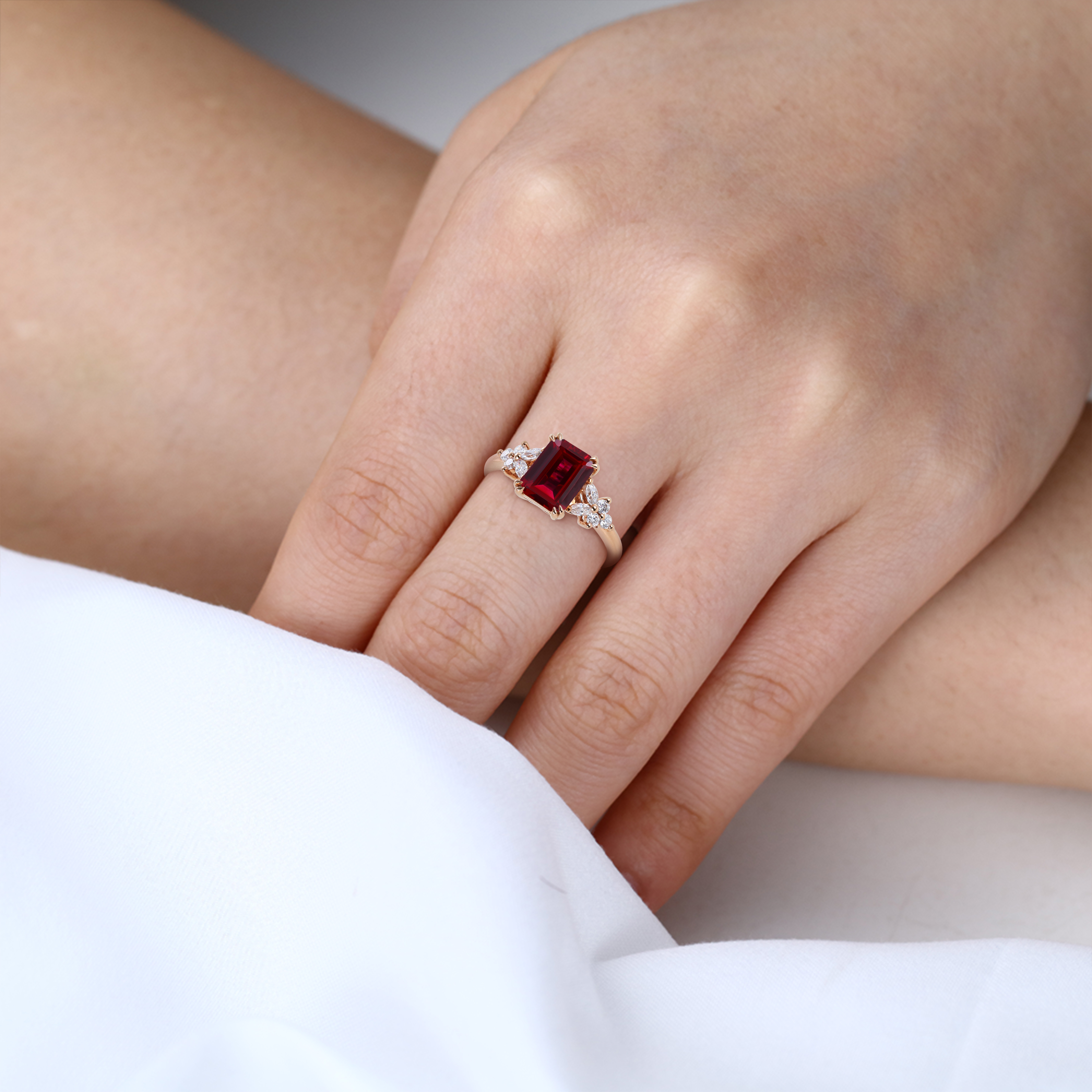 Emerald Cut Lab Ruby Cluster Engagement Ring Floral Inspired Bridal Ring in Rose Gold