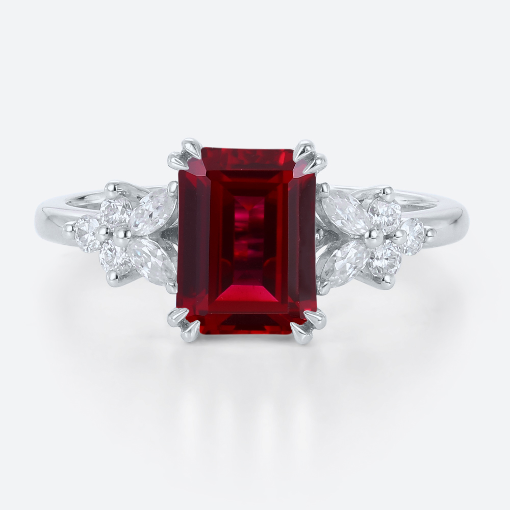 Emerald Cut Lab Ruby Cluster Engagement Ring Floral Inspired Bridal Ring in White Gold