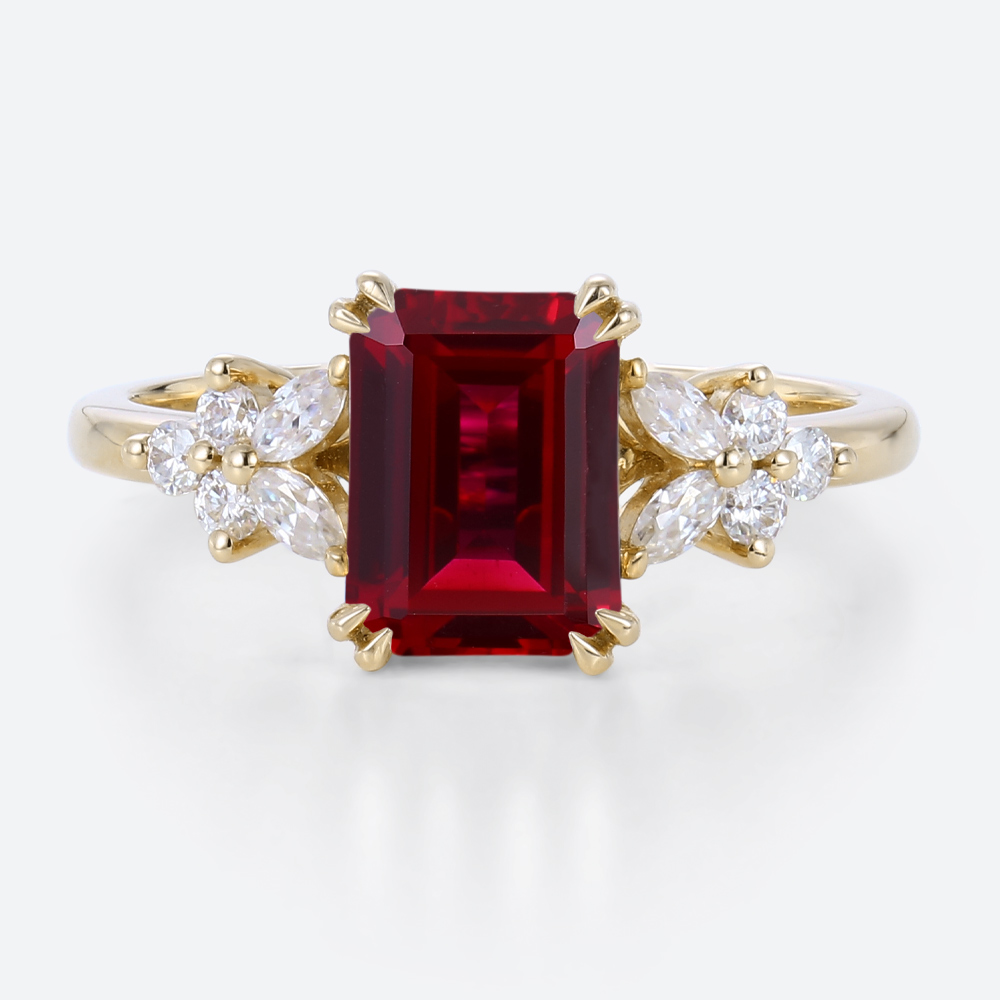 Emerald Cut Lab Ruby Cluster Engagement Ring Floral Inspired Bridal Ring in Yellow Gold