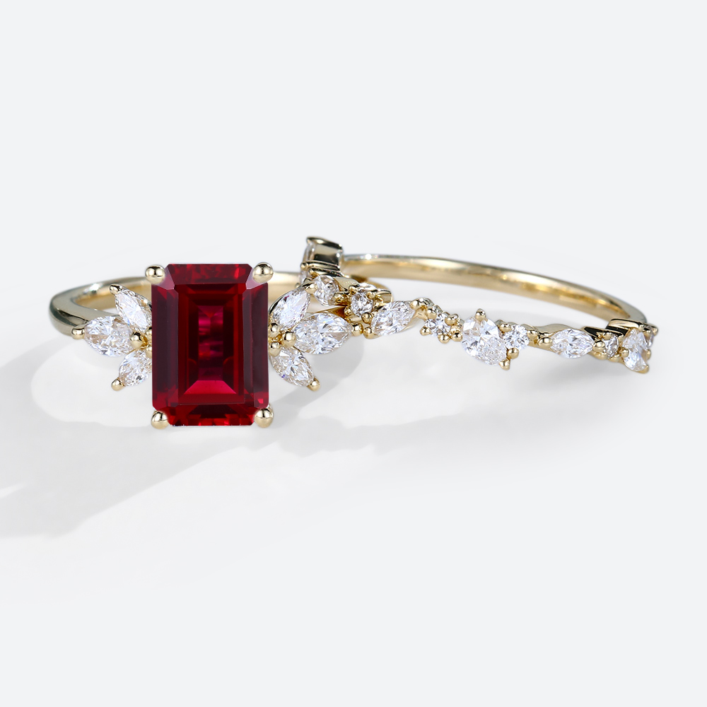 Yellow Gold Emerald Cut Lab Grown Ruby with Marquise Accented Bridal Set