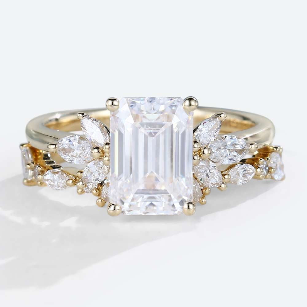 Moissanite Emerald Cut Bridal Set Rings Yellow Gold Engagement Rings Emerald Cut