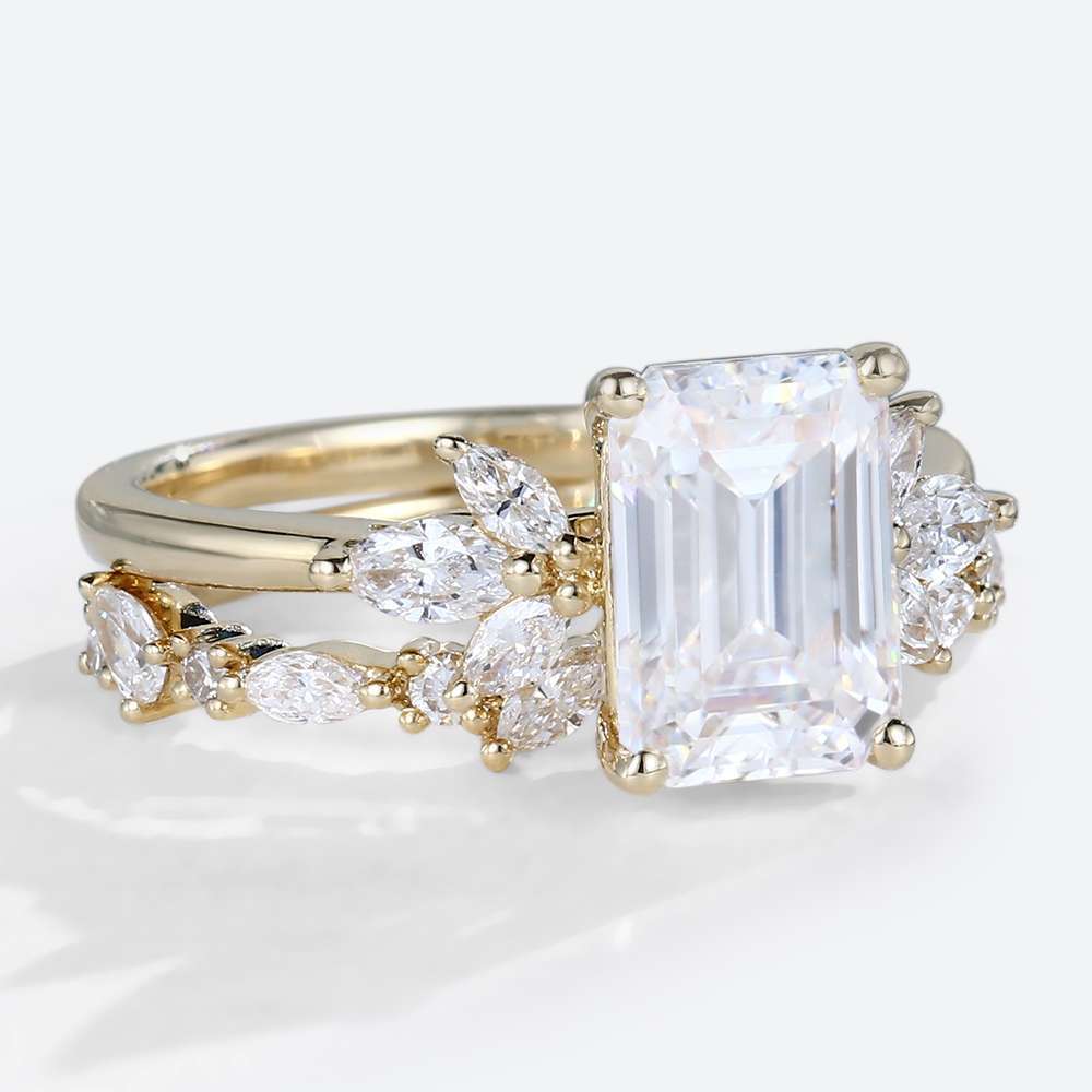 Moissanite Emerald Cut Bridal Set Rings Yellow Gold Engagement Rings Emerald Cut