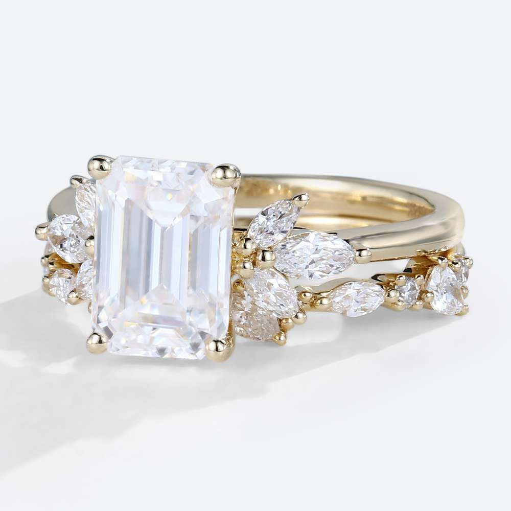 Moissanite Emerald Cut Bridal Set Rings Yellow Gold Engagement Rings Emerald Cut