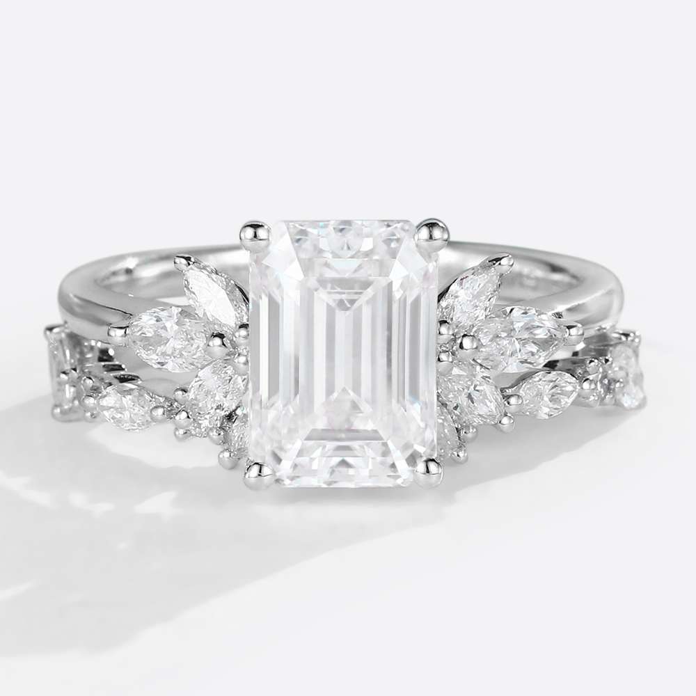 Moissanite Emerald Cut Bridal Set Rings Yellow Gold Engagement Rings Emerald Cut