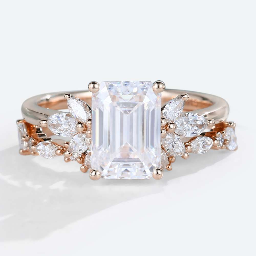 Moissanite Emerald Cut Bridal Set Rings Yellow Gold Engagement Rings Emerald Cut