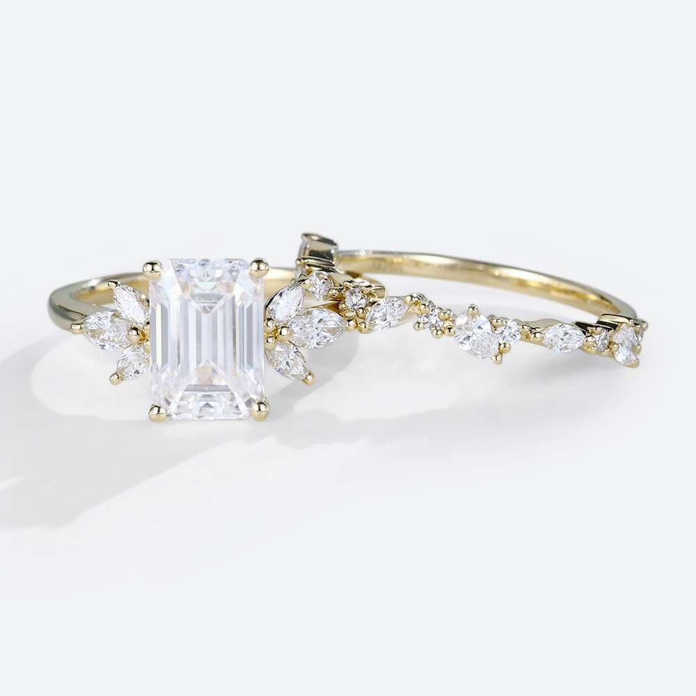 Moissanite Emerald Cut Bridal Set Rings Yellow Gold Engagement Rings Emerald Cut