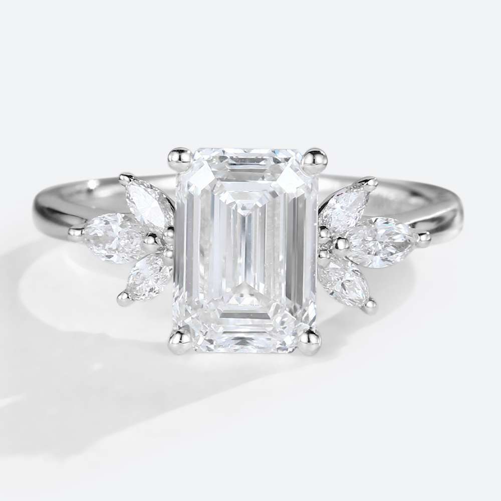 Emerald Cut Moissanite Engagement Rings Marquise Accented Bridal Ring