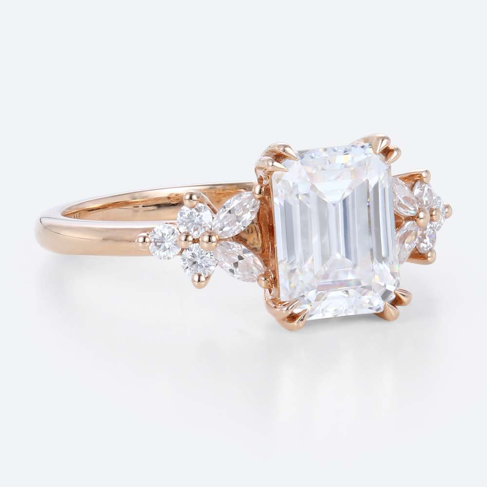 2 Carat Emerald Cut Ring Rose Gold Moissanite Modern Bridal Ring