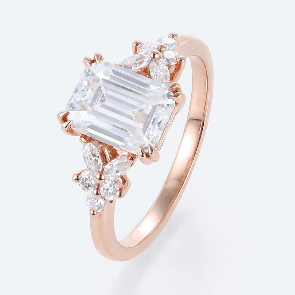 2 Carat Emerald Cut Ring Rose Gold Moissanite Modern Bridal Ring
