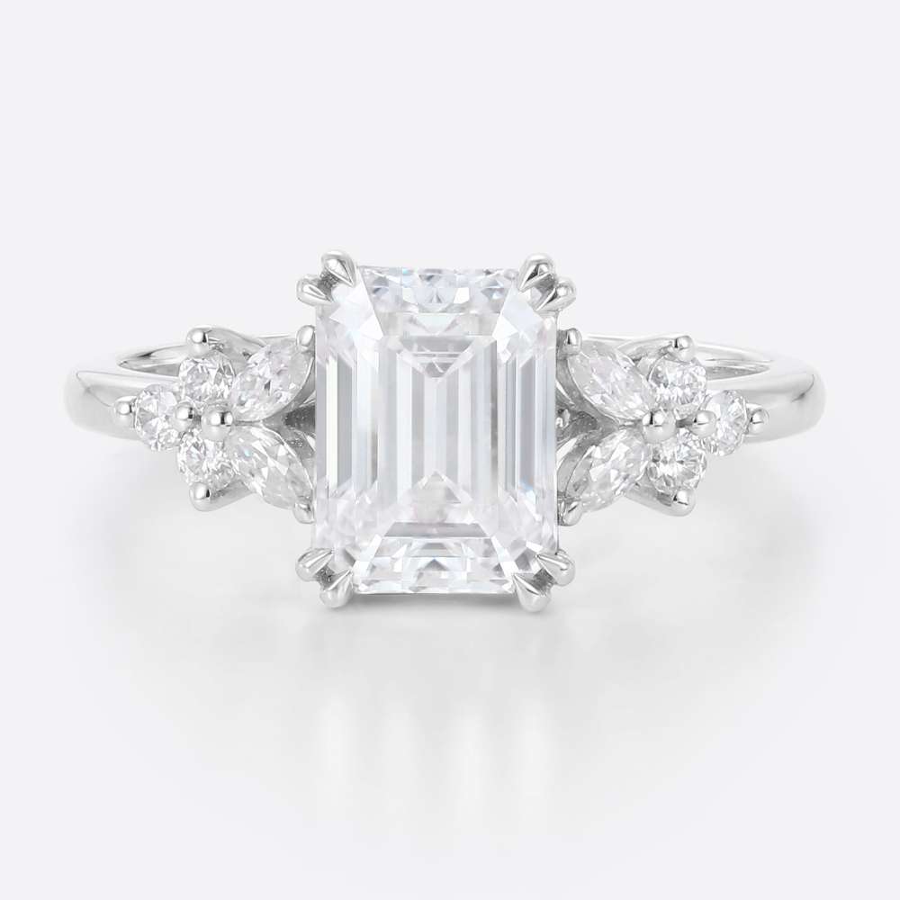 Emerald Cut Moissanite Floral Engagement Rings Modern Bridal Ring in white gold
