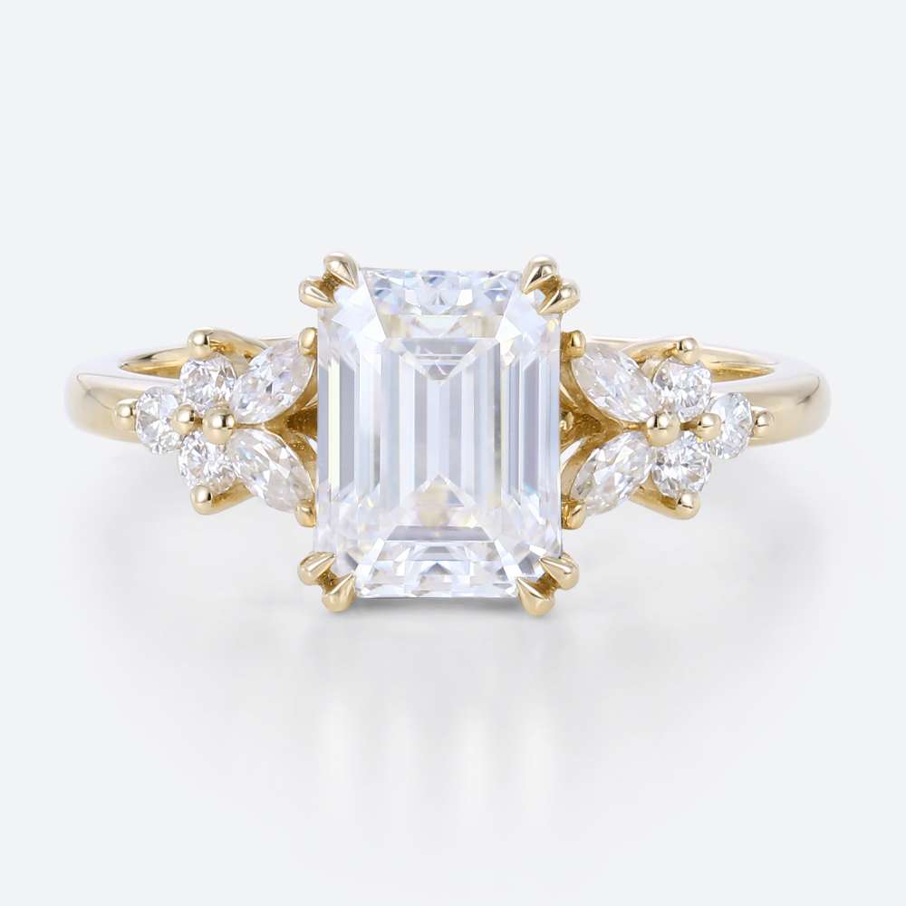 Emerald Cut Moissanite Floral Engagement Rings Modern Bridal Ring in yellow gold