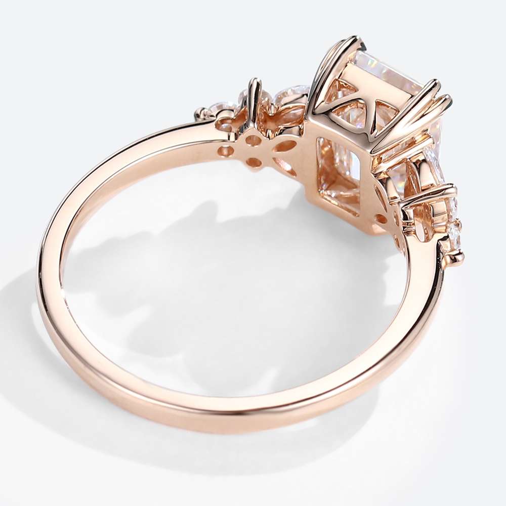 Emerald Cut Moissanite Floral Engagement Rings Modern Bridal Ring in rose gold