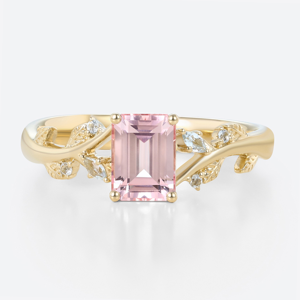 Emerald Cut Morganite Engagement Ring with Aquamarine Accents in Yellow Gold