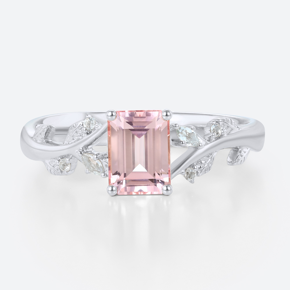 Emerald Cut Morganite Engagement Ring with Aquamarine Accents in White Gold