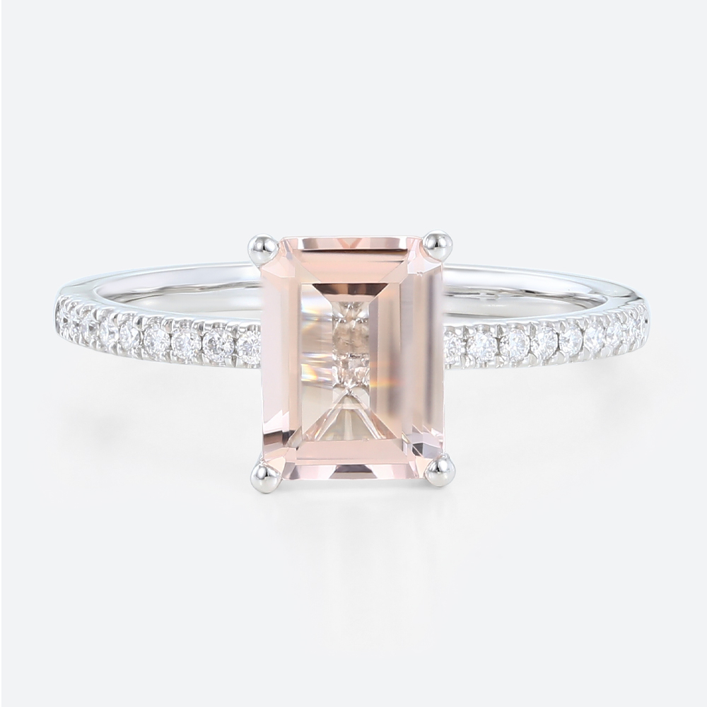 1.4ct Emerald Cut Morganite Rings Classic Pavé Engagement Ring in White Gold