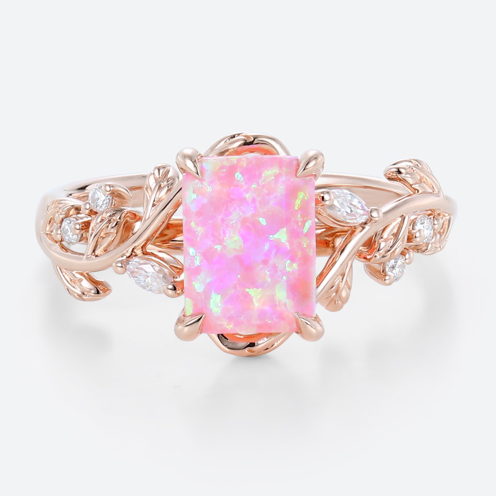 Engagement Emerald Cut Rings Pink Opal Nature Inspired Promise Rings