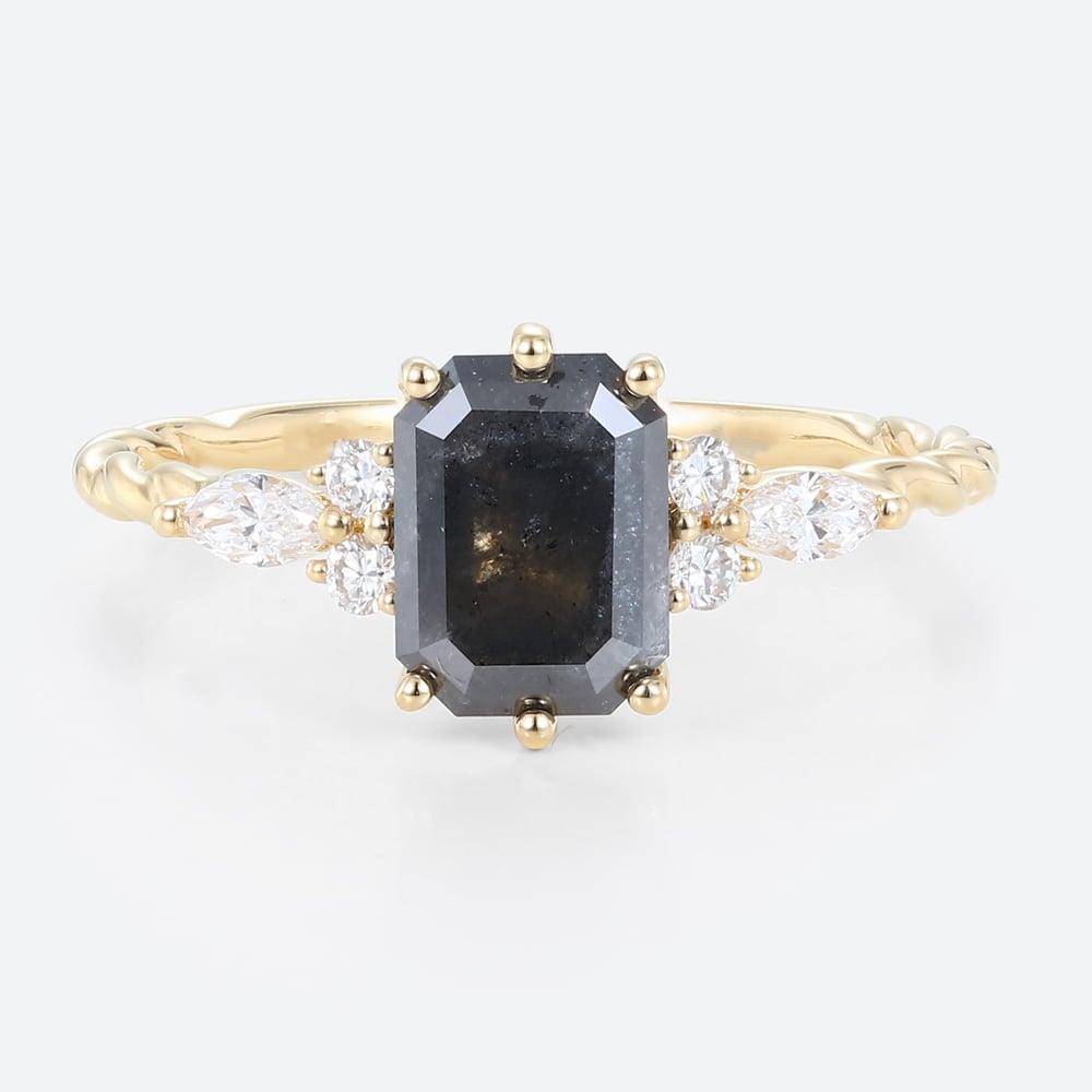 Yellow Gold 1.5ct Emerald Cut Salt And Pepper Diamond Engagement Rings Twisted Cluster Bridal Ring