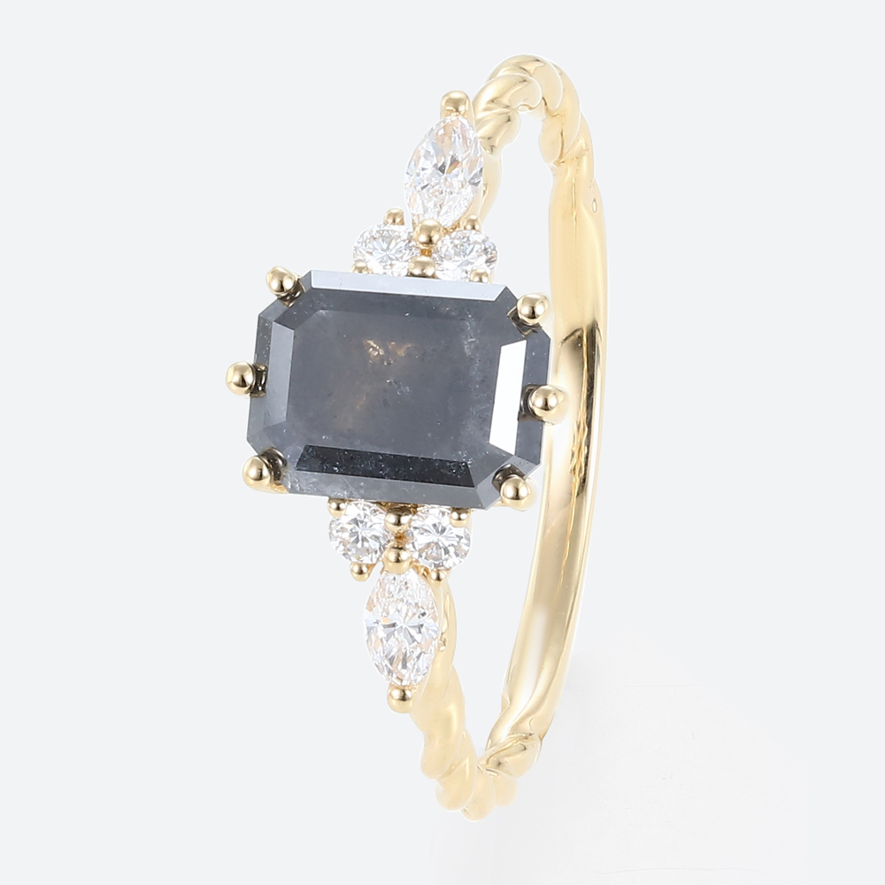 Yellow Gold 1.5ct Emerald Cut Salt And Pepper Diamond Engagement Rings Twisted Cluster Bridal Ring