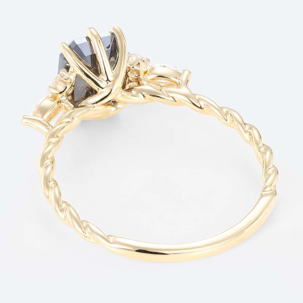 Yellow Gold 1.5ct Emerald Cut Salt And Pepper Diamond Engagement Rings Twisted Cluster Bridal Ring