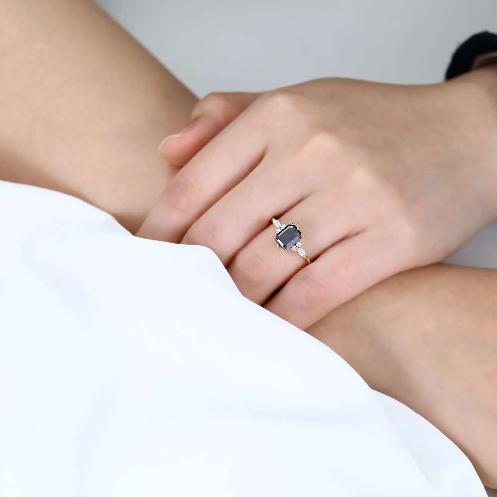 Yellow Gold 1.5ct Emerald Cut Salt And Pepper Diamond Engagement Rings Twisted Cluster Bridal Ring