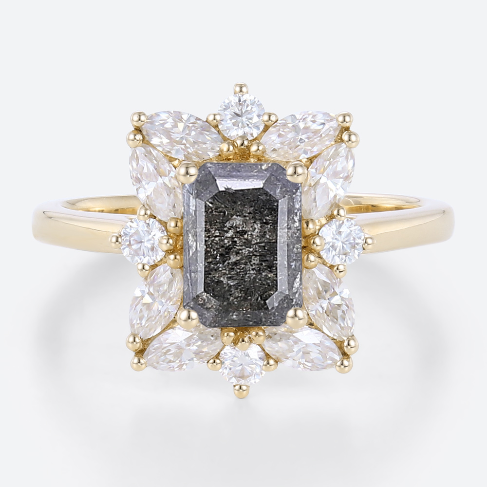Emerald Cut Rings Halo Ring Salt and Pepper Emerald Cut Diamond