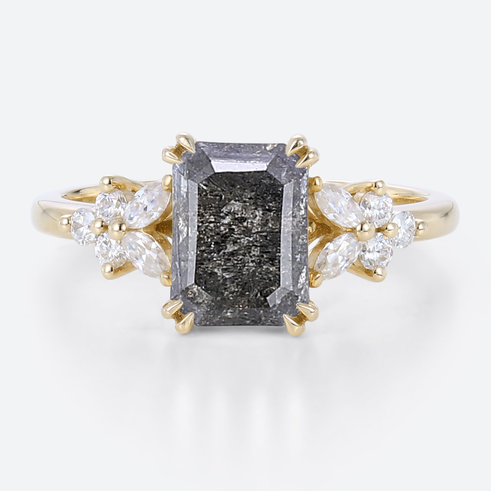 Emerald Cut Engagement Ring Salt and Pepper Diamond Gold Cluster Ring