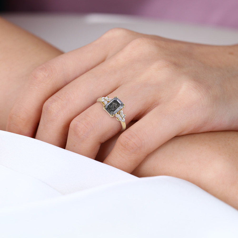1.5ct Emerald Cut Engagement Ring Salt Pepper Diamond Cluster Ring in Yellow Gold