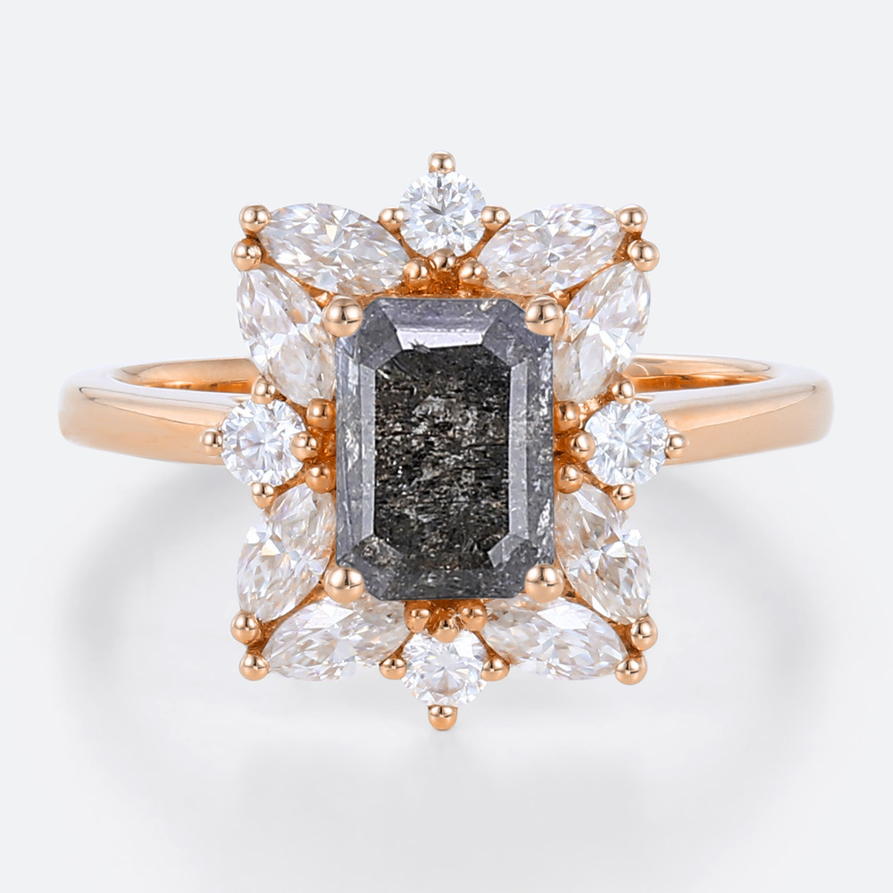Emerald Cut Rings Halo Ring Salt and Pepper Emerald Cut Diamond